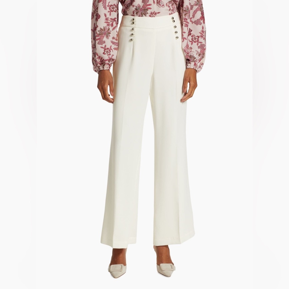 Elie Tahari Button-Embellished Crepe Straight-Leg Trousers